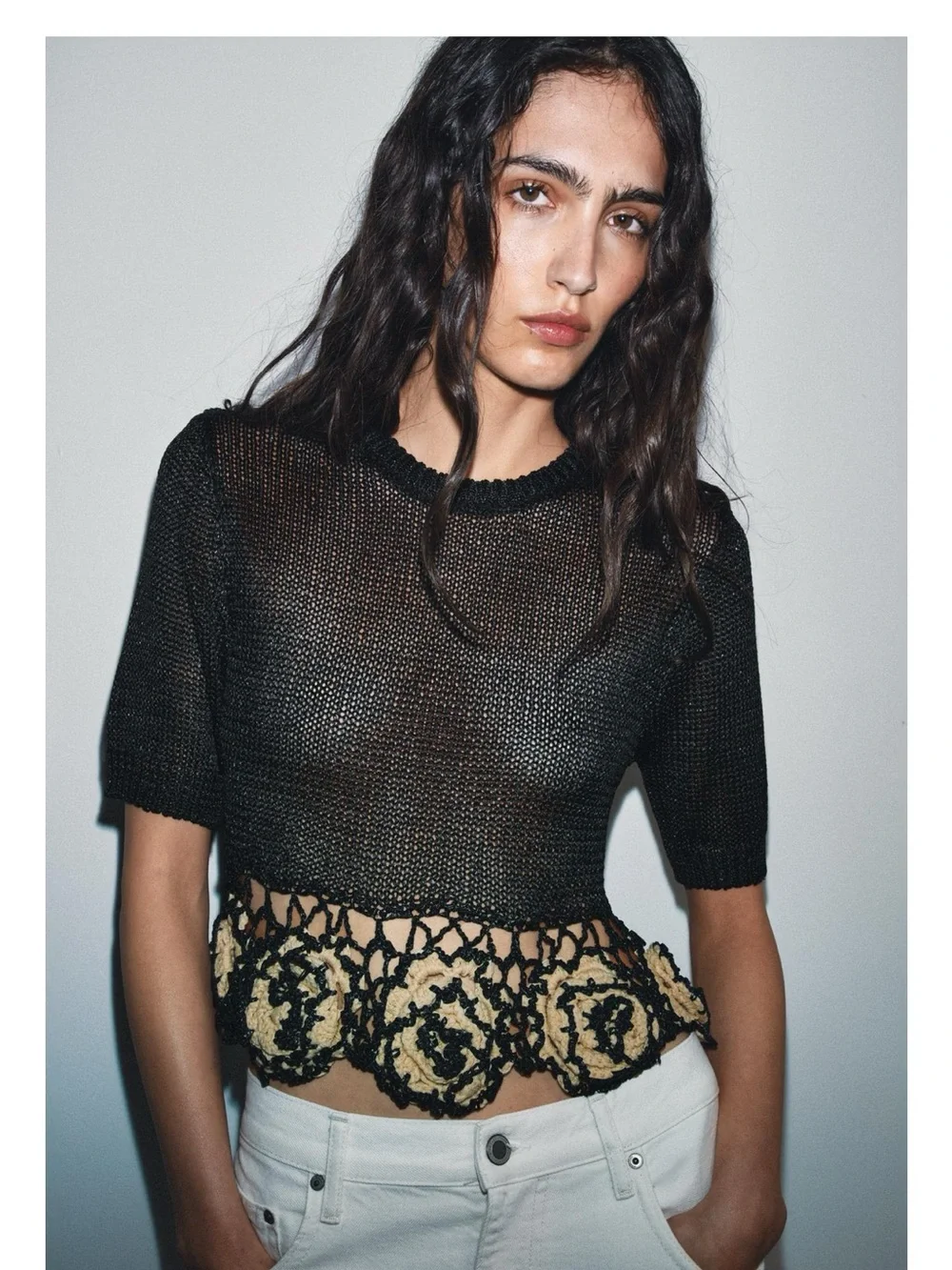 ZARA TEXTURED FLORAL KNIT TOP